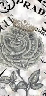 Luxury rose crafted from money and adorned with fashion logos.