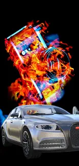 Luxury car and fiery camera art on black mobile wallpaper.