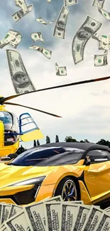 Yellow supercar and helicopter on a helipad with cloudy sky background.