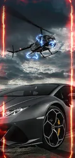 Sleek sports car and helicopter in sky.