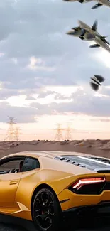 Yellow Lamborghini with jets in a dramatic sky.