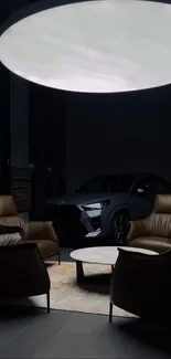 Luxurious car and seating under modern lighting.