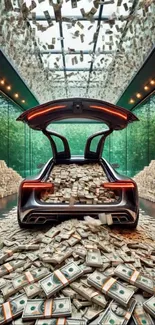 Luxury car filled with cash in a futuristic setting.