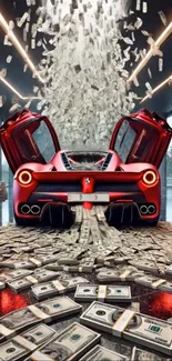 Red luxury sports car with money cascade.