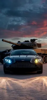 Luxury car and tank with a sunset.