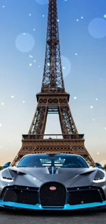 Luxury car in front of Eiffel Tower at dusk.