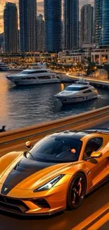 Luxury sports car driving near waterfront at sunset with yachts.