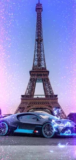 Luxury car parked in front of the Eiffel Tower during sunset.