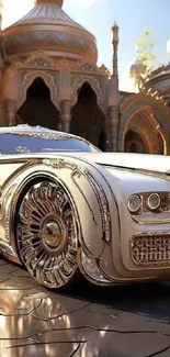 Luxury car in front of ornate palace, in golden tones.