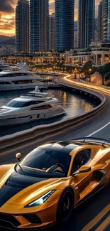Sleek luxury car driving by a beautiful marina at sunset.