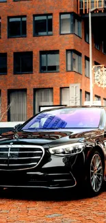 Luxury car parked downtown under sunny urban setting.