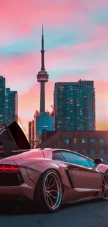 Luxury car with city skyline at sunset background.