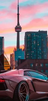 Luxury car in cityscape under sunset sky.