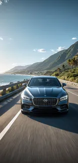 Luxury car driving along a scenic coastal road with mountains and blue skies.