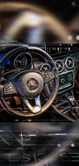 Luxury car dashboard with elegant design and steering wheel.