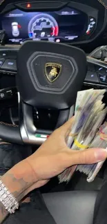 Luxury car dashboard with cash-filled hand.