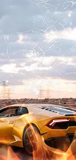 Yellow luxury sports car driving on desert road with cloudy skies.