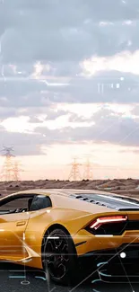 Yellow sports car driving in desert landscape at sunset.