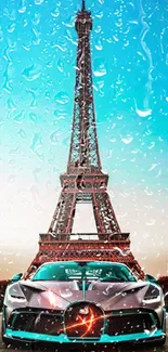 Luxury car under Eiffel Tower against blue sky.