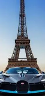 Luxury car and Eiffel Tower in Paris under blue sky.