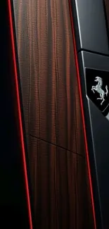 Luxury car emblem with dark wood grain.