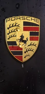 Luxury car emblem on a sleek black surface with dewdrops.