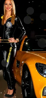 Luxury sports car with a model in black leather outfit.