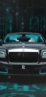 Luxurious car front view on futuristic digital background.