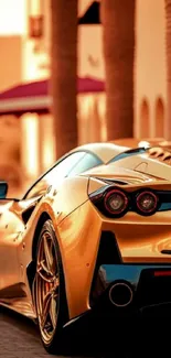 Golden sports car under sunset glow, luxury wallpaper.