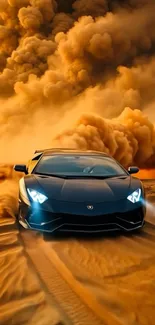 Luxury car driving through desert sandstorm.