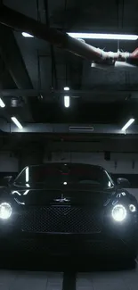 Luxury car in dimly lit garage with headlights on.