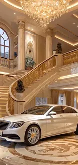 Luxury car in a grand mansion with elegant interior design.