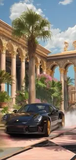 Luxury sports car in exotic courtyard with palm trees.