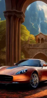 Luxury car in a fantasy landscape with arches and vibrant scenery.