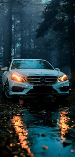 Luxury car driving through a misty forest with reflective water.