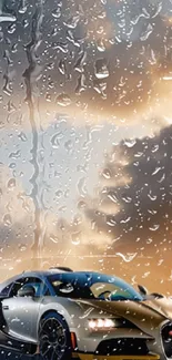 Luxury sports car in rain with cloudy sky background.