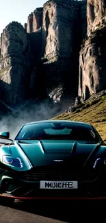 Luxury car driving through scenic mountains with a dark green color.