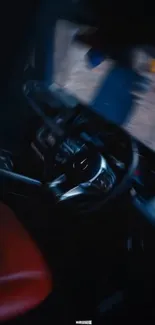 Luxurious car interior with steering wheel and red seat