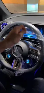 Luxury car steering wheel and dashboard.