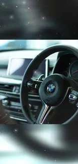 Luxury car interior with sleek steering wheel and dashboard.