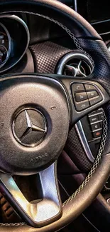 Luxury car interior featuring steering wheel and dashboard.