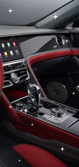 Luxurious red car interior with sleek dashboard.