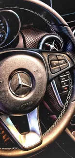 Luxury car interior with modern dashboard and steering wheel.