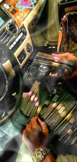 Luxury car interior with cash stacks on display.