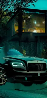 Elegant luxury car parked at night under teal green ambiance.