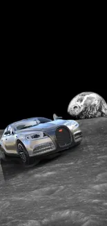 Luxury car driving on the moon with Earth in the background.