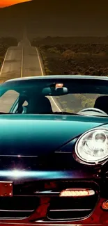 Luxury car on an open road at sunset with scenic background.