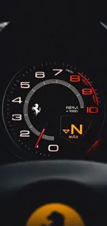 Luxury car speedometer with red accents and sleek design.