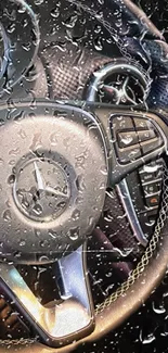 Luxury car steering wheel with raindrops and modern design.