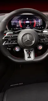 Mercedes-Benz steering wheel with sleek design and red accents.